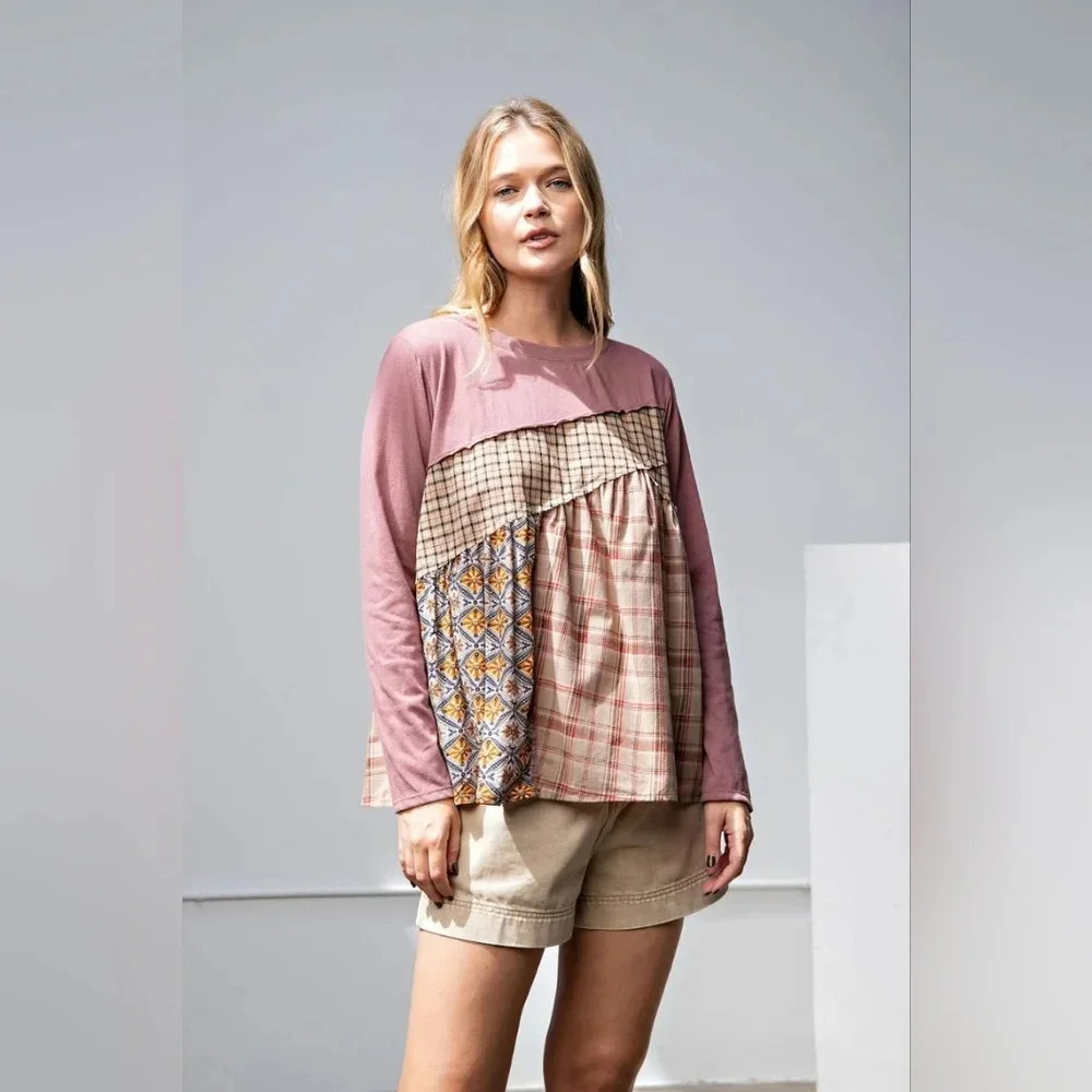 easel Dusty Rose Mixed-Print Patchwork Long-Sleeve Top